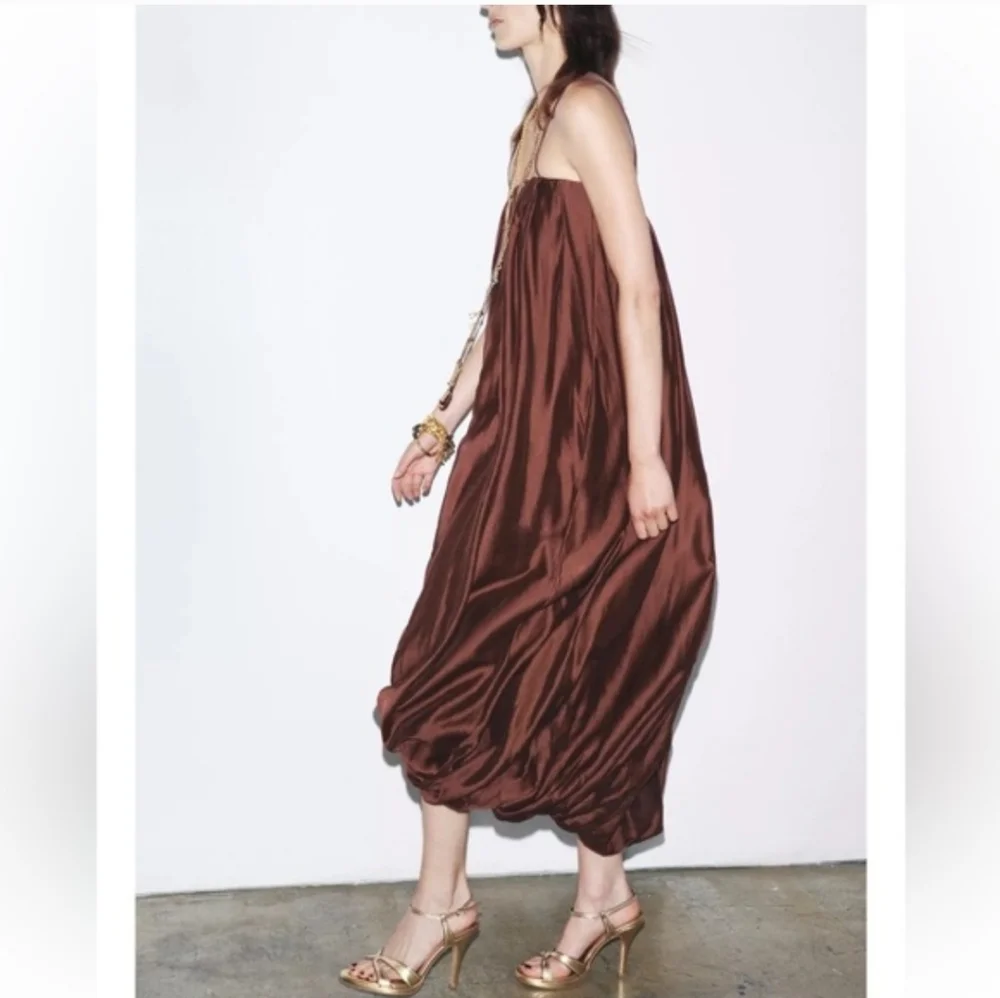 Zara Multi Position Balloon Dress Brown Size XS S - Picture 9 of 13